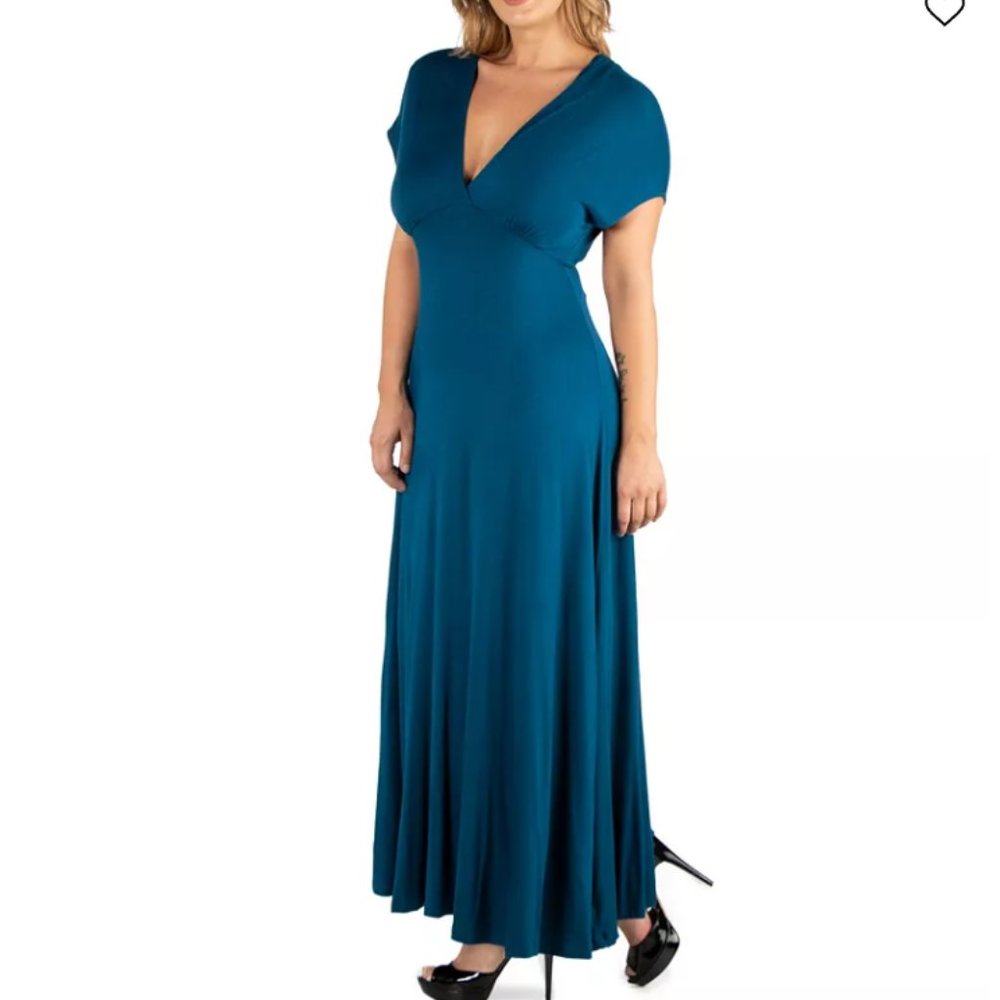 24Seven Comfort Apparel Empire Waist V-Neck Plus Size Maxi Dress 3X